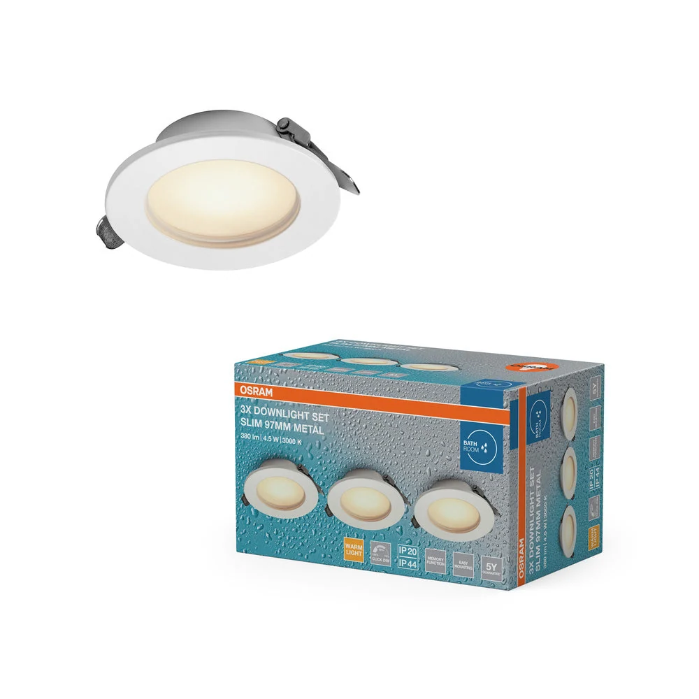 OSRAM Downlight Set Slim Dim 380lm 4,5W/830 97mm IP44 hvid 3-pak